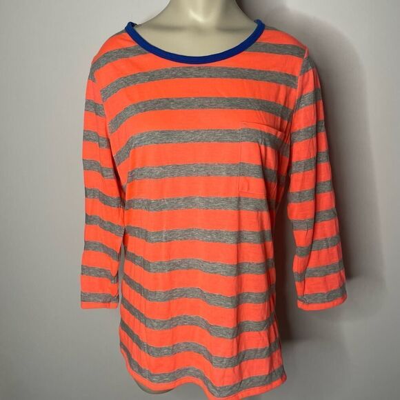 Gap Top LARGE Womens Orange & Gray Striped 3/4 Sleeve Round Neck Modal Blend - Picture 1 of 4